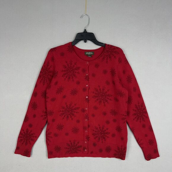 Eddie Bauer Sweater Womens Large Red Snowflake Cardigan Holiday Winter Cottage - Picture 1 of 11